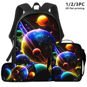 3pcs Space-themed Backpack, Shoulder Bag, Pouch with Vibrant Planet/asteroid Prints; Ideal for Urban Users Seeking Style + Function for Commutes, Travel, or Study., 2D Flat