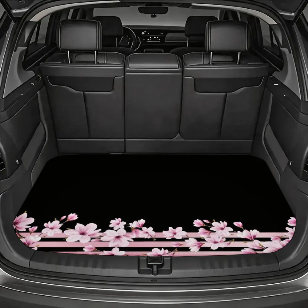 Car Trunk Mat - Stylish Pink Cherry Blossom Floral Design, Durable Non-Slip Rubber Material, 1-Piece Full Coverage for SUV Family Travel