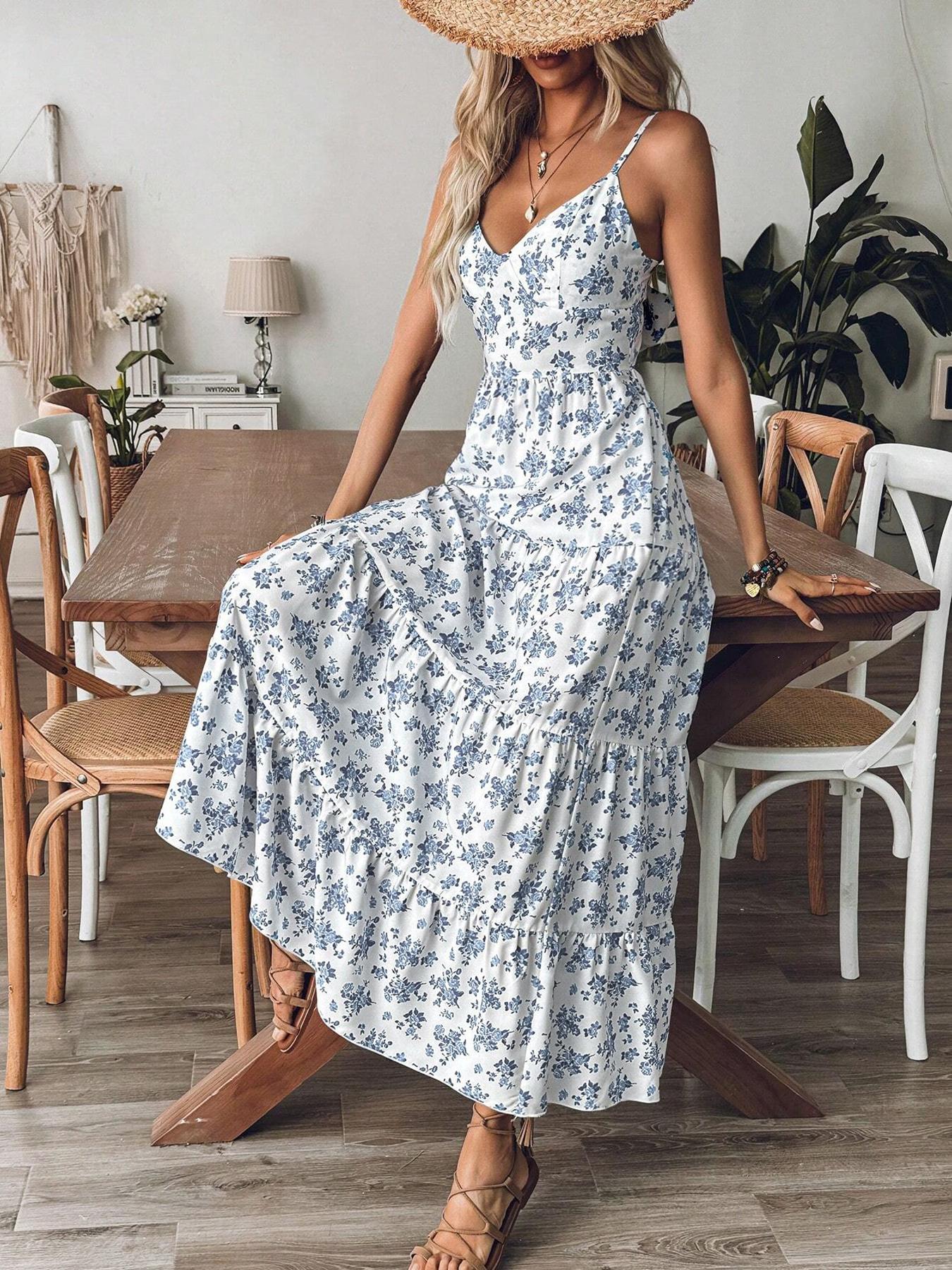 1pc Women's Floral Tiered Maxi Dress, Spaghetti Straps & Back Cutout Bow Detail & Flowy Tiered Skirt & Lightweight Material & Multiple Floral Patterns & Frill Ruffle Hem, Floral Print Dress