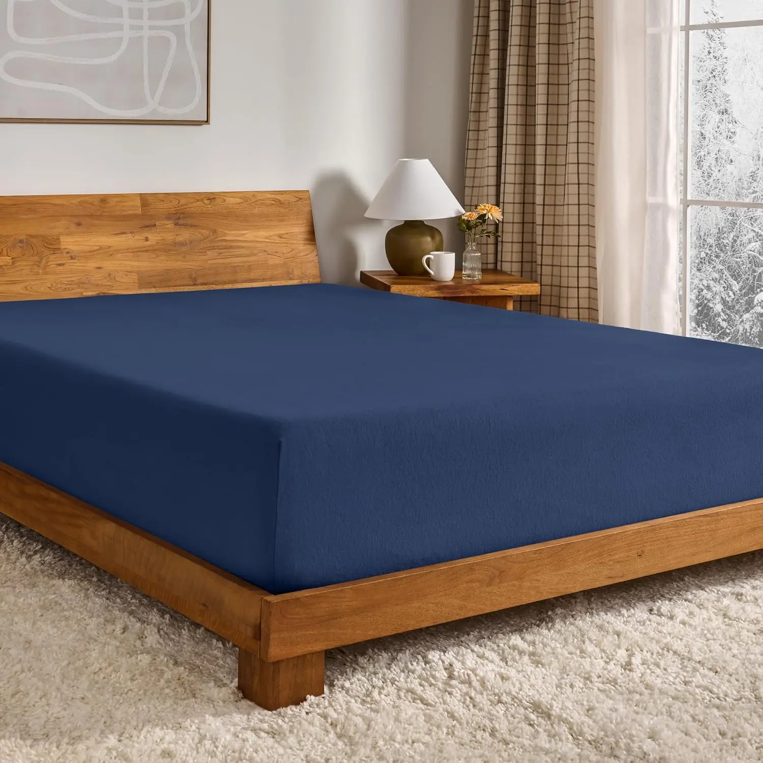 Flannel Fitted Bottom Sheet 100% Cotton (Queen, Dark Blue)