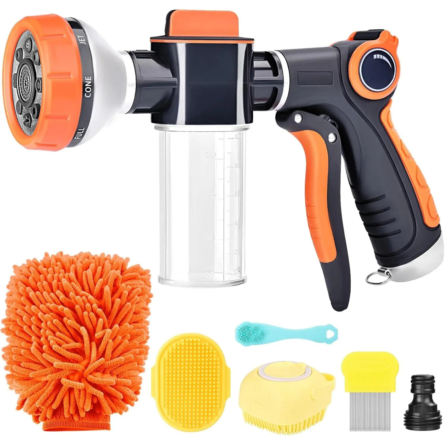 Upgrade Dog Washing Hose Attachment, 8 Way Spray Pattern Garden Hose Nozzle with Soap Dispenser, Dog Wash Supplies with 2 type Dog Bath Brush, Dog Comb and Toothbursh, Car Washing Mitt
