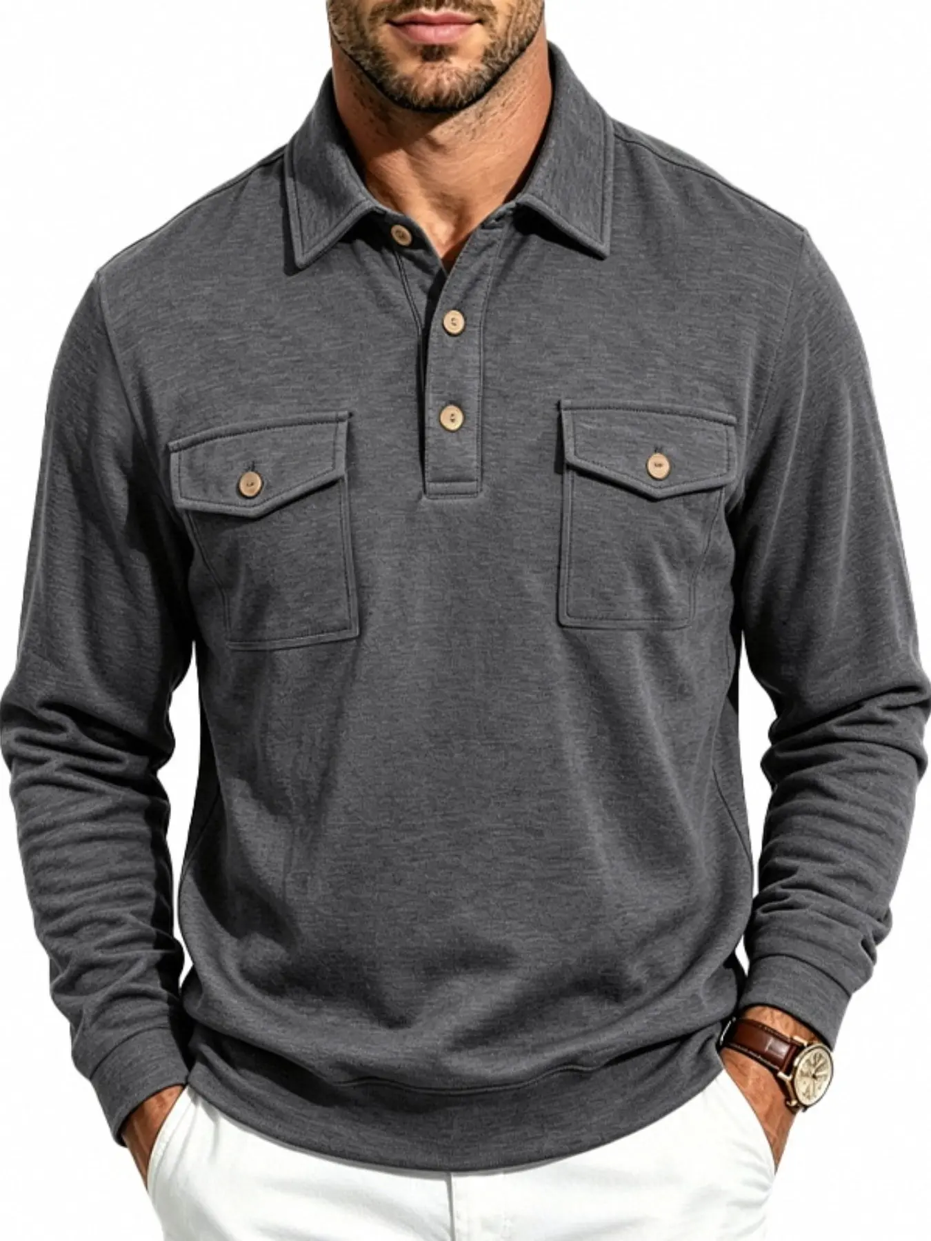 Men's Long Sleeve Polo Shirt, Classic Lapel Collar Half Button Placket, Dual Flap Chest Pockets, Soft Smooth Fabric Casual Golf Outdoor Daily Pullover Top