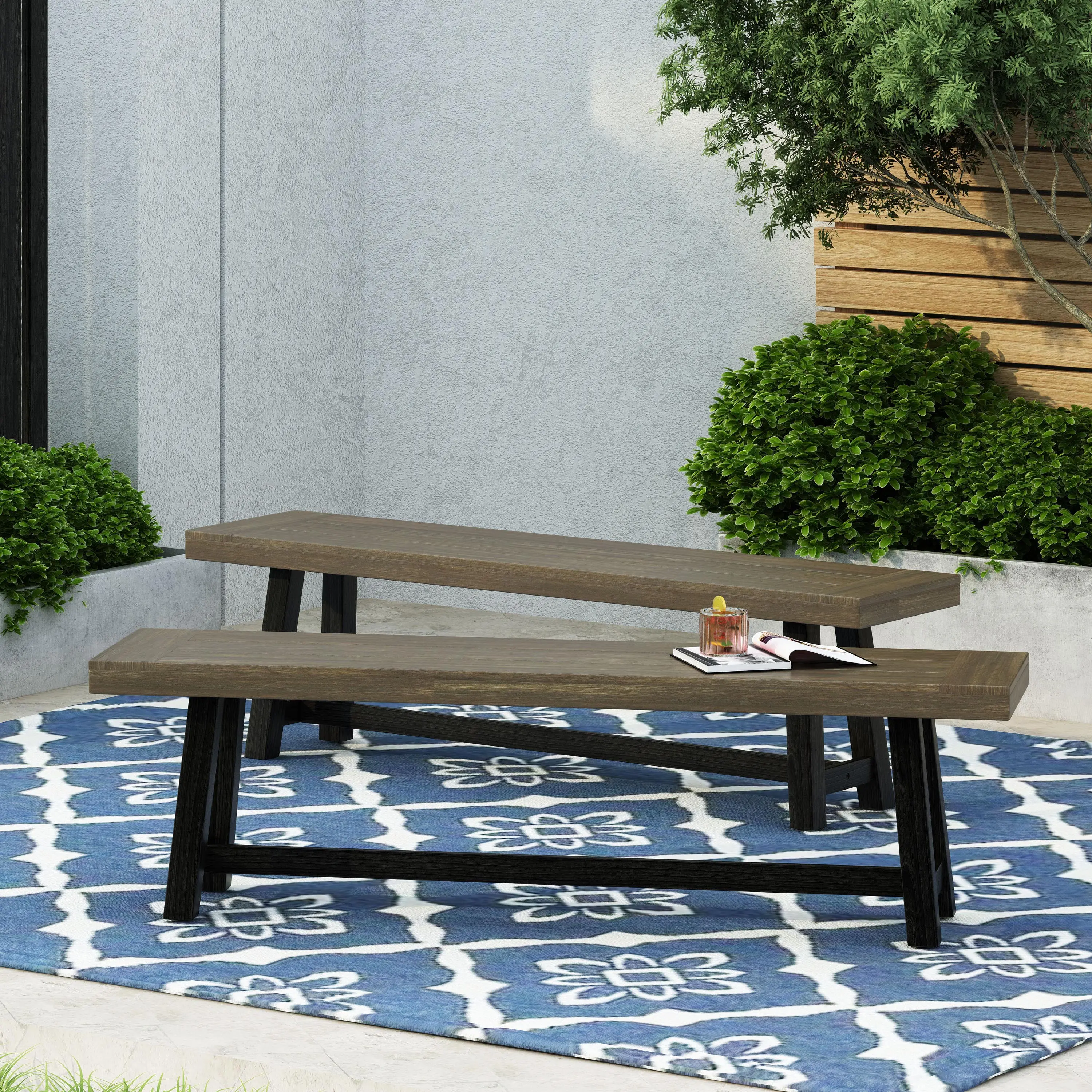 ARCH Outdoor Dining Bench Set of 2 Acacia Wood Patio Garden Bench Sandblast Gray Finish Black H-Stretcher Slat Top Rustic Backyard Furniture 63W x 14.5D x 18H in, Grey+Black Color Options, Acacia Wood Material, Product Dimensions: 14.50 W x 63.00 D