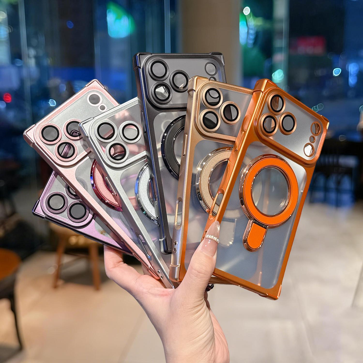 Rectangle Magnetic Clear Case for iPhone 17 Pro Max 16 15 14 13 with Magnetic Ring Stand [Compatible with Mag-Safe] [Full Camera Lens Protector] Plating Clear Phone Case