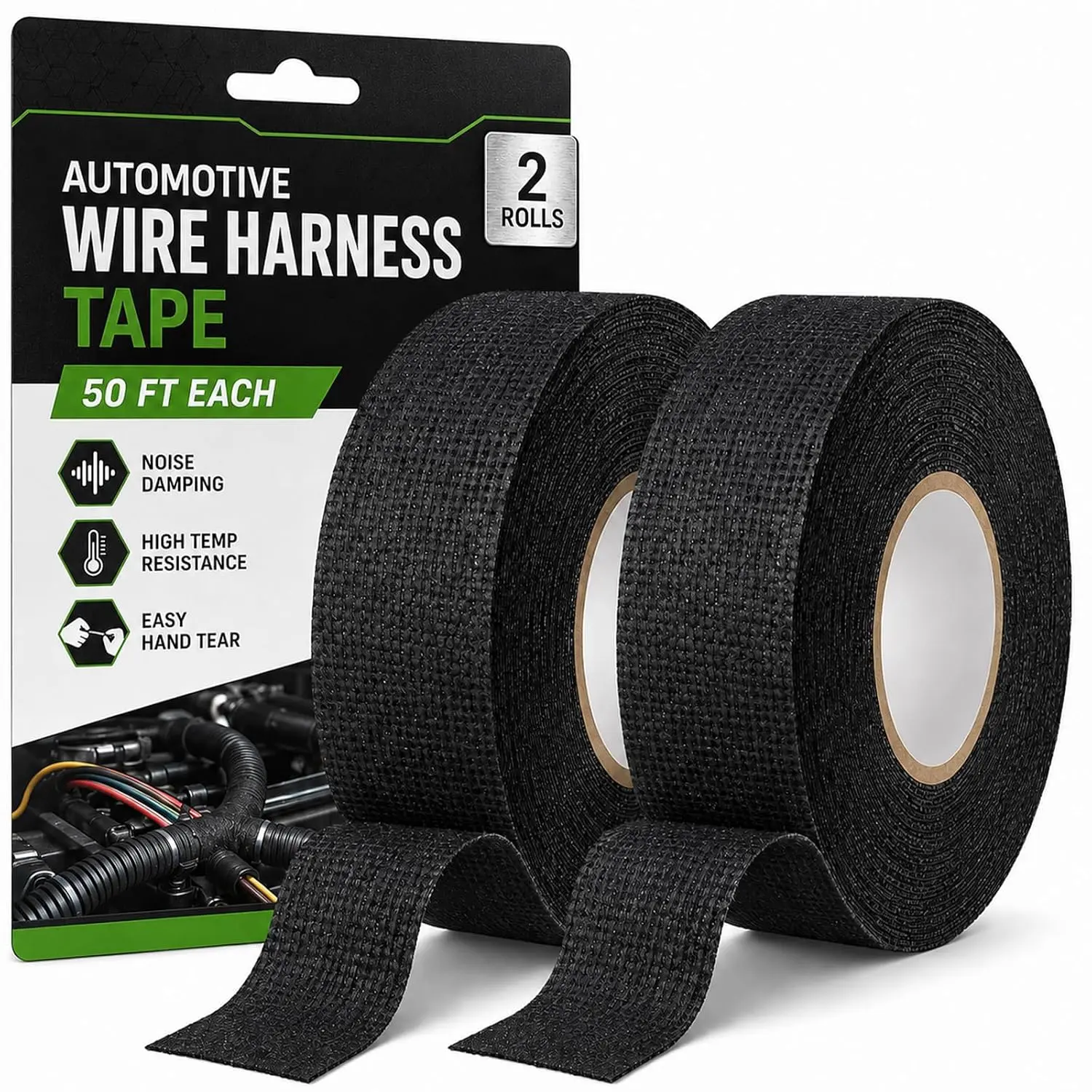 Wire Harness Tape 2-Pack - 3/4 Inch x 50 FT High Temp Wire Loom Tape,  Fleece Self-Adhesive Cloth Electrical Tape Automotive for Engine Harness Wrap, Noise Damping &  Protection (19mm x 15m)