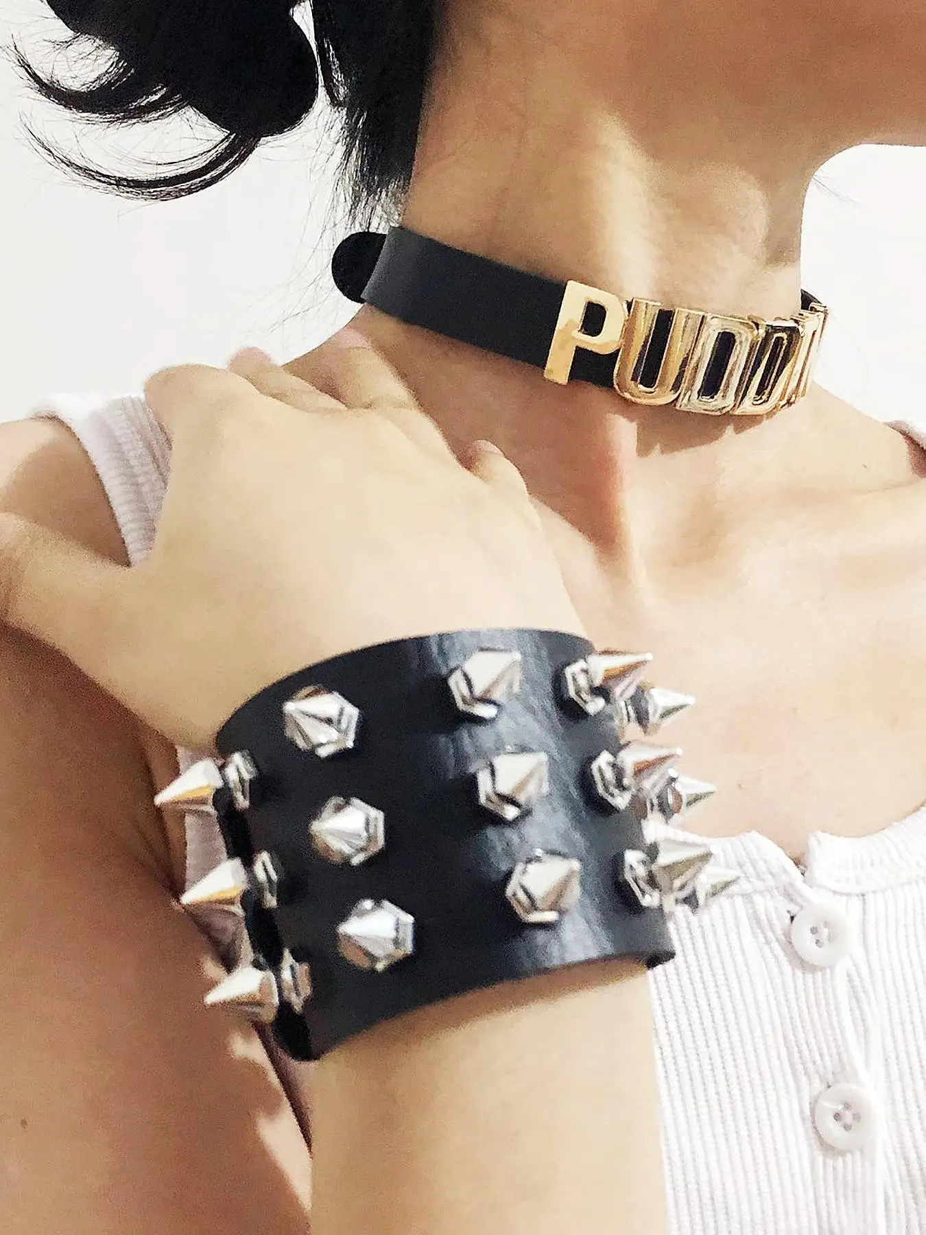 Puddin Collar Necklace and Punk Leather Bracelet Set, Halloween Gothic Joker Costume Accessories, Goth PU Material Punk Sexy Unisex Jewelry