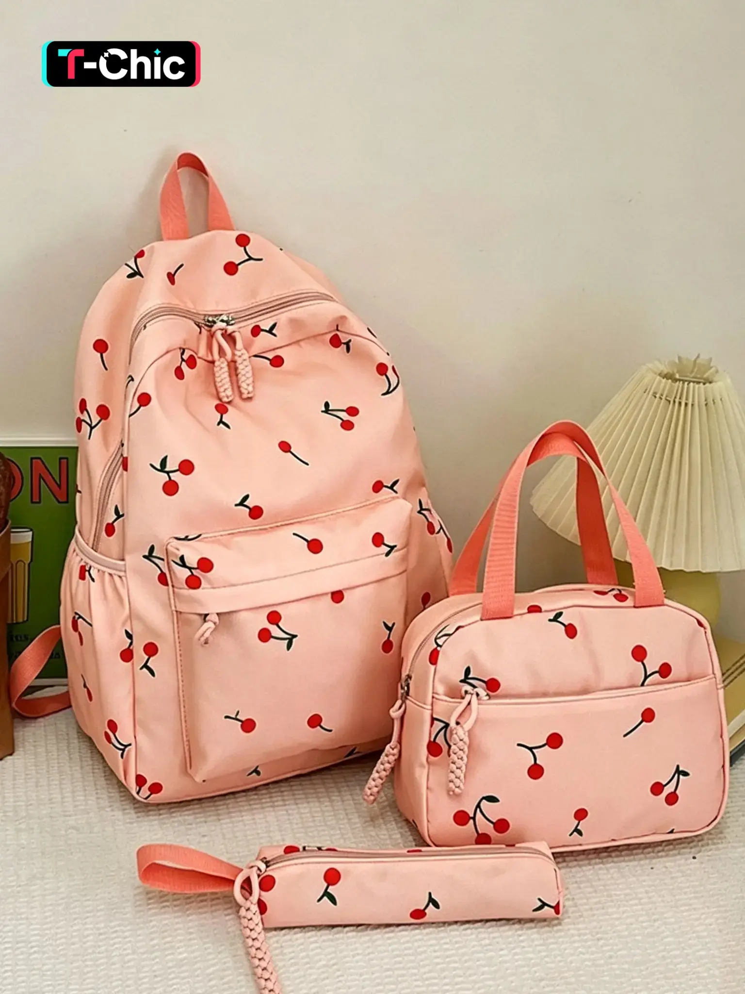Cherry Three-Piece Backpack Set, Student Shoulder Bag + Handbag + Pencil Case, Fashionable School Bag for Girls, Perfect for School and Travel