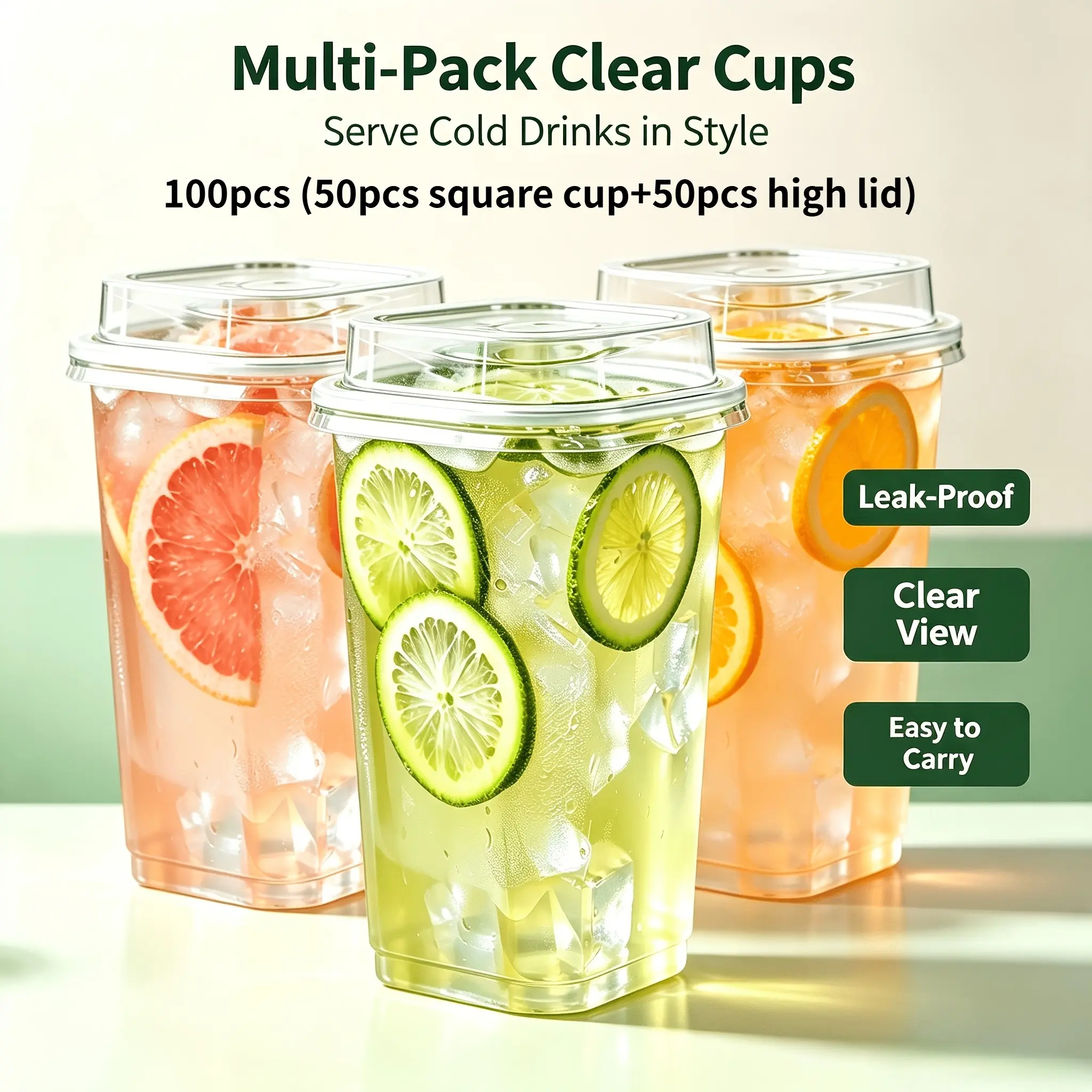100pcs Square Leak-Proof Drinkware Set, 400ML Ice Coffee & Smoothie Cups, Transparent Cups, Ideal for Parties & Daily Use, Perfect for Outdoor Events
