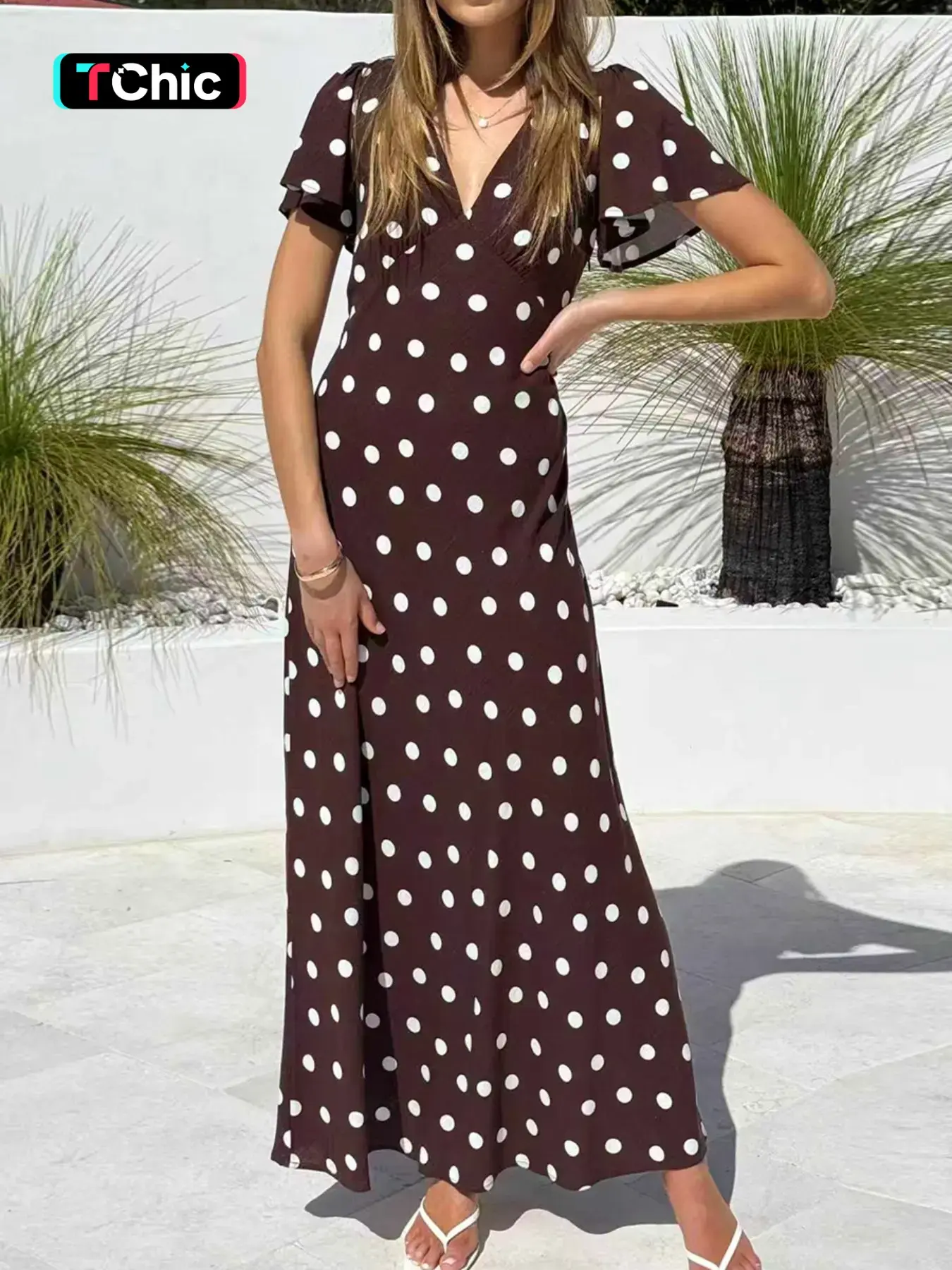 Polka Dot V Neck Maxi Dress Women Casual Daily Outfit Vacation Holiday Wear Elegant Long Summer Dress Feminine