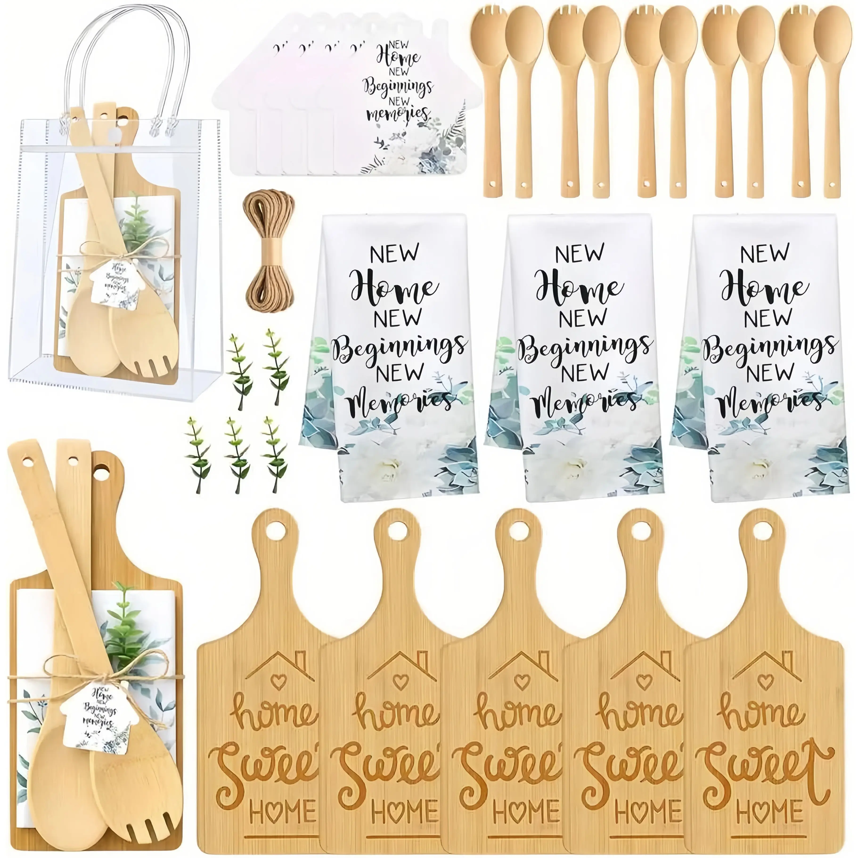 Engraved Bamboo Kitchenware & Tableware 6-Set with Cutlery - Includes Cheese Board, Open Spoon, Round Spoon, Towel, Eucalyptus, Gift Bag, Party Board - for Moving-In, Bridal Shower Giveaways