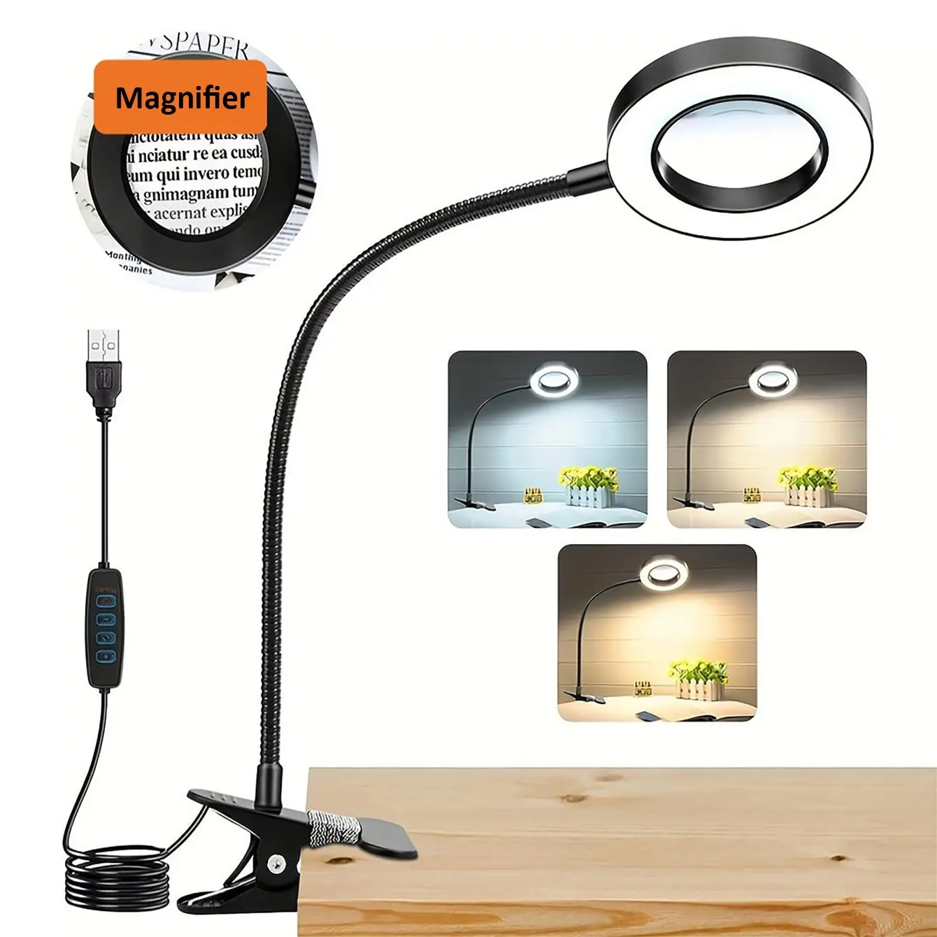 Magnifier Desk Lamp 3-In-1, Adjustable Brightness, Adjustable Lighting, USB-Powered, Eye Protection, Ideal for Office, Home, Studying, Zoom Meetings, Nail Care