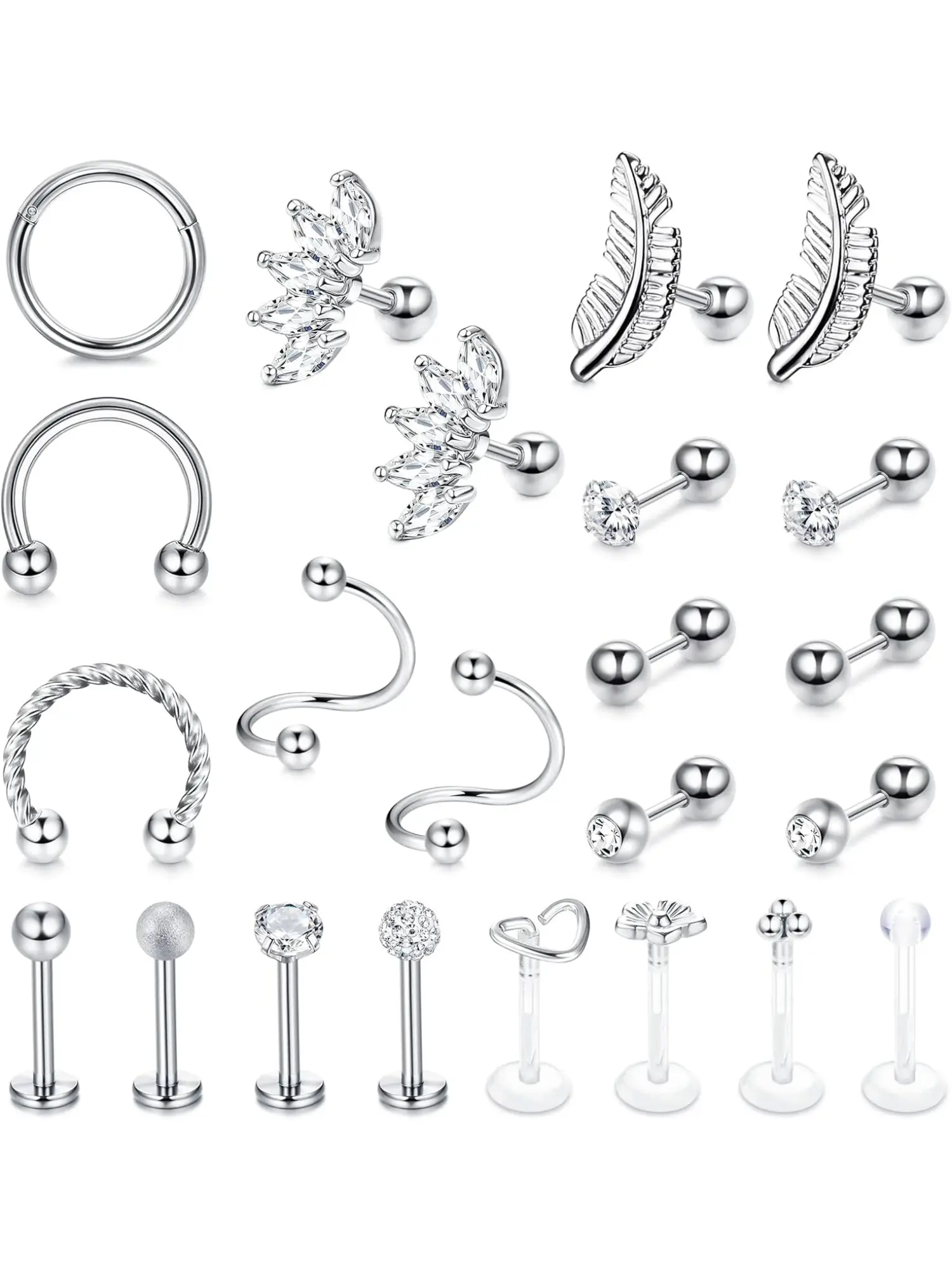23 Pieces Tragus Piercing Stainless Steel Cartilage Conch Helix Piercing Earrings for Women Girls Lip Clicker Piercing Ear Helix Piercing Jewelry