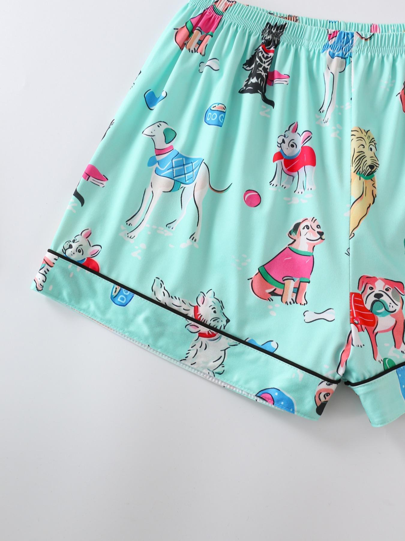 Women's Dog Print Top & Shorts Pajama Two-piece Set, Casual Comfy Short Sleeve Top & Shorts Pajama Set, Ladies Sleepwear for All Seasons, Loungewear, Womenswear, Sleep Pajamas Shorts, Cozy Loungewear