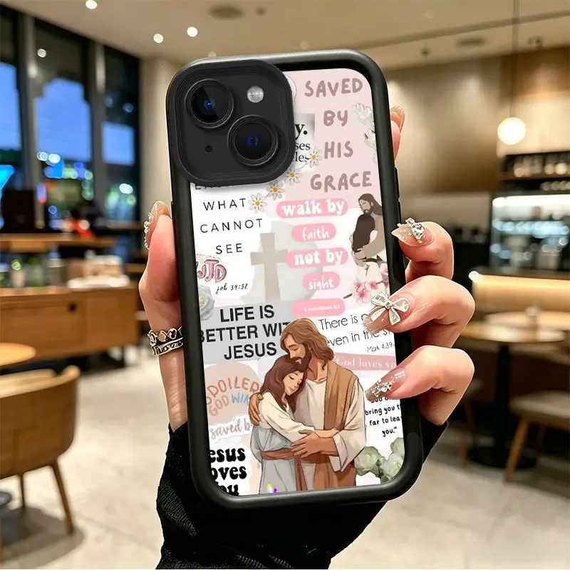 TPU Smartphone Case for iPhone 13/13mini/14/14plus/15/15plus, Warm Faith-Themed with Embrace & Inspirational Quotes, Celestial Eye Layered, Shockproof Enhanced Protection, Full-Cover for Handheld Cellphone Devices, BOJTNB3W