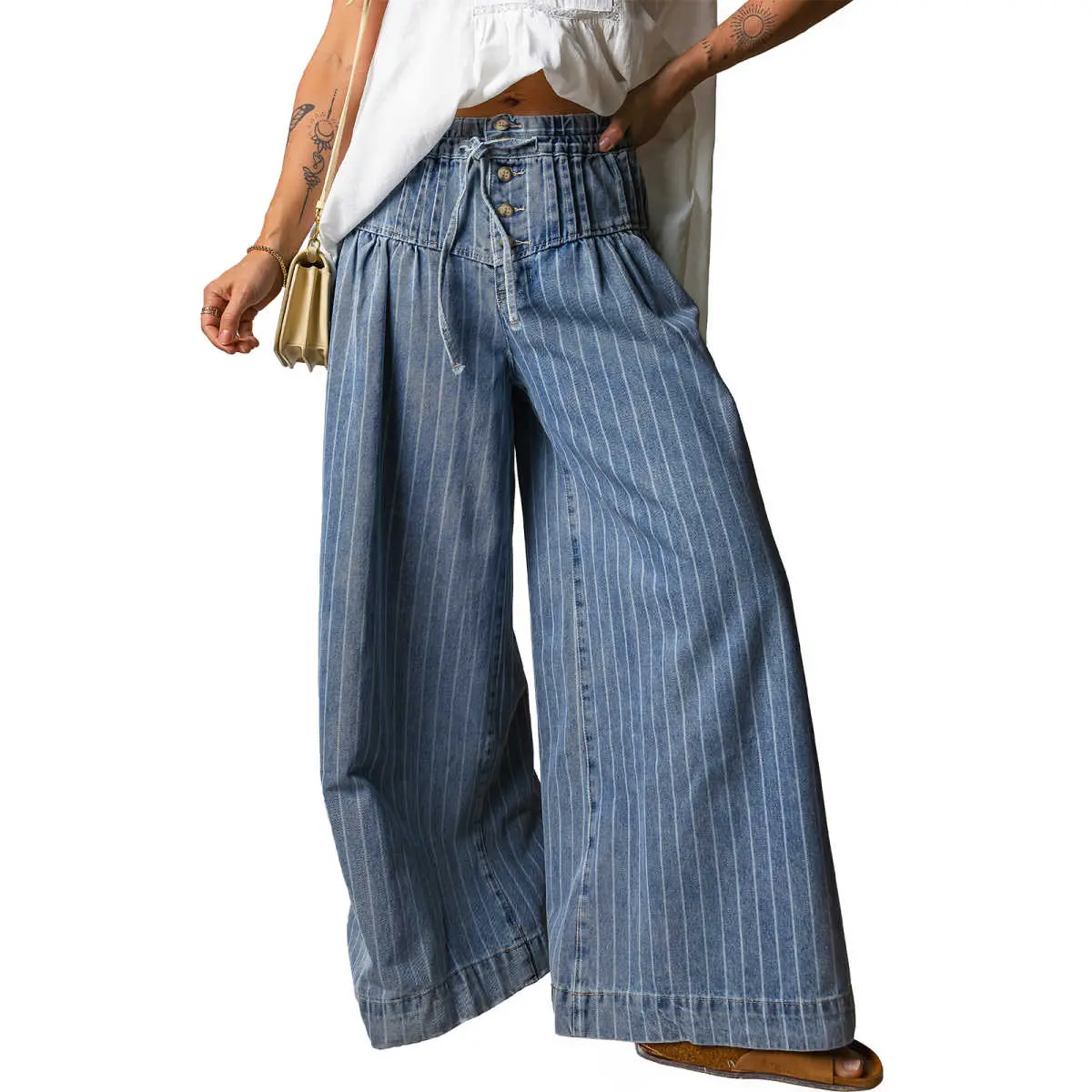Women's Striped High-Waisted Pleated Cotton Casual Jeans - Elastic, Adjustable Drawstring Waist Barrel Trousers