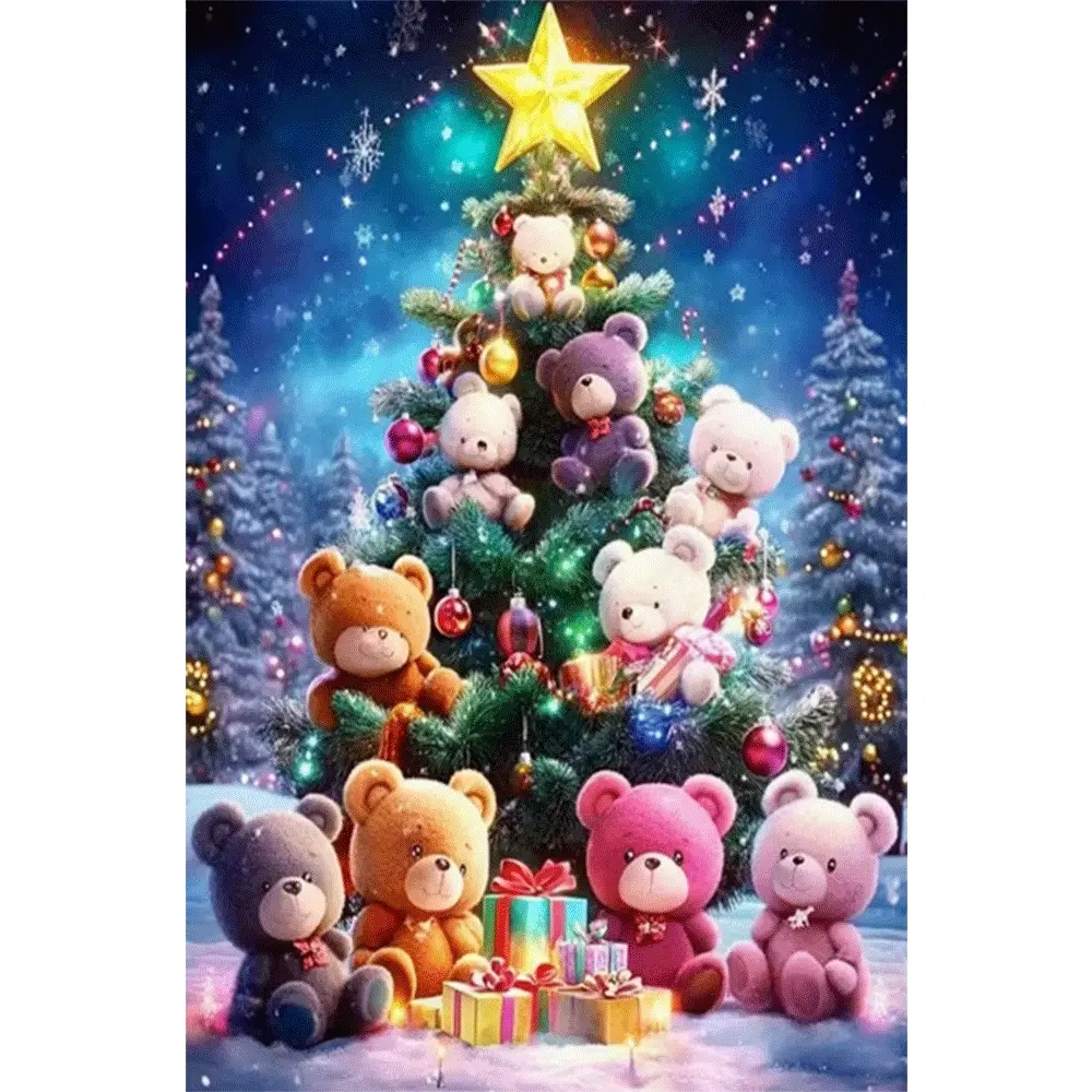 1PC,2D Christmas Tree Diamond Painting Kit with Teddy Bears and Gifts DIY Crystal Rhinestone Art for Home Decor Xmas Holiday Craft Gift for Adults Kids Beginners Sparkling Diamond Embroidery Wall Art Decorations