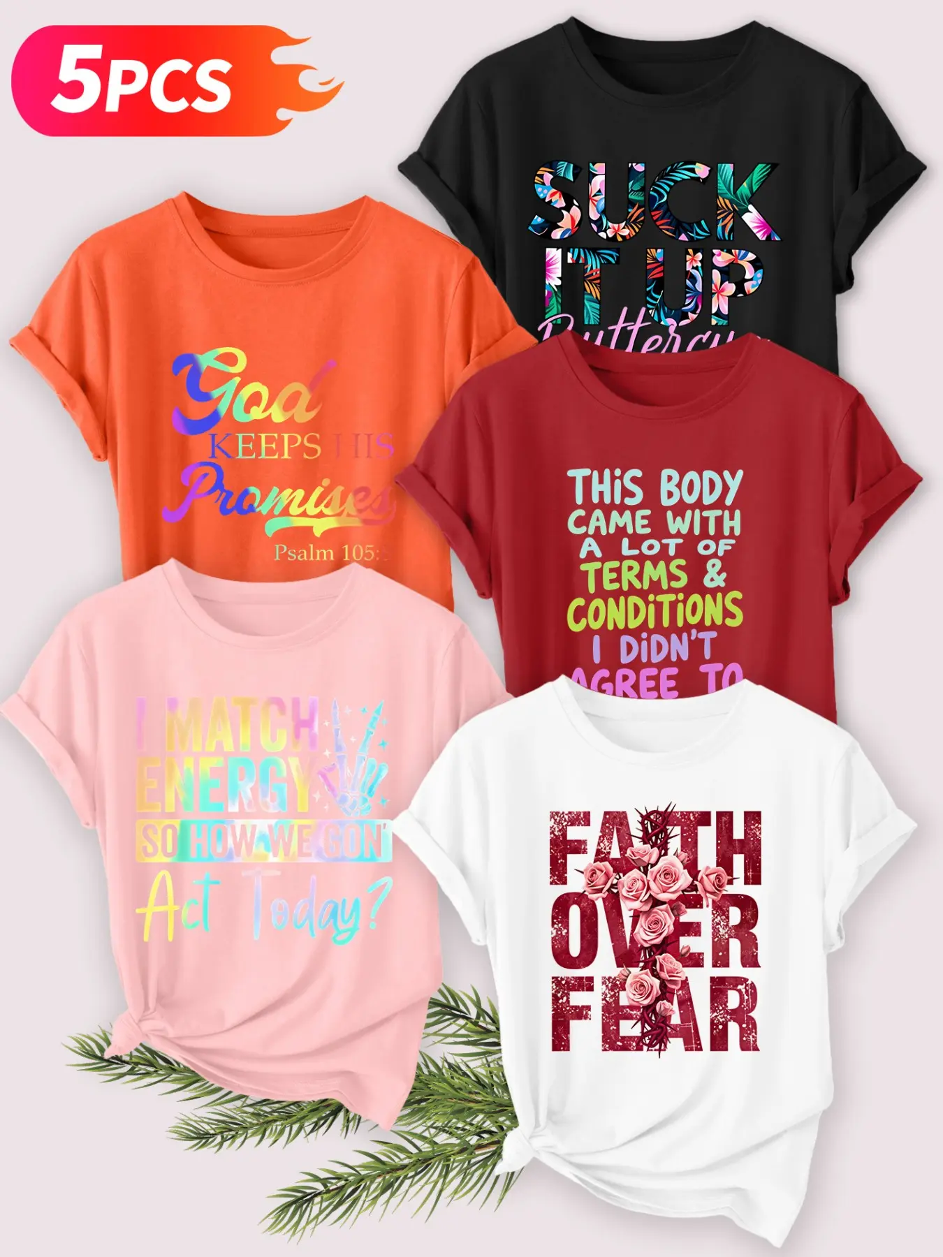 5Pcs Women Crew Tee, Rainbow Gradient Funny Inspire Text Print, multi-color washable spring summer top