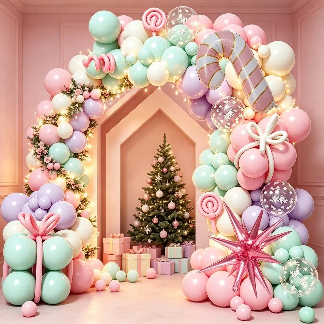 129pcs Macaron Christmas Balloon Arch Kit, Explosion Stars and Candy Cane Foil Balloons, 2026 Party Decor, Birthday Party Balloon Set, Party Balloons Decorations