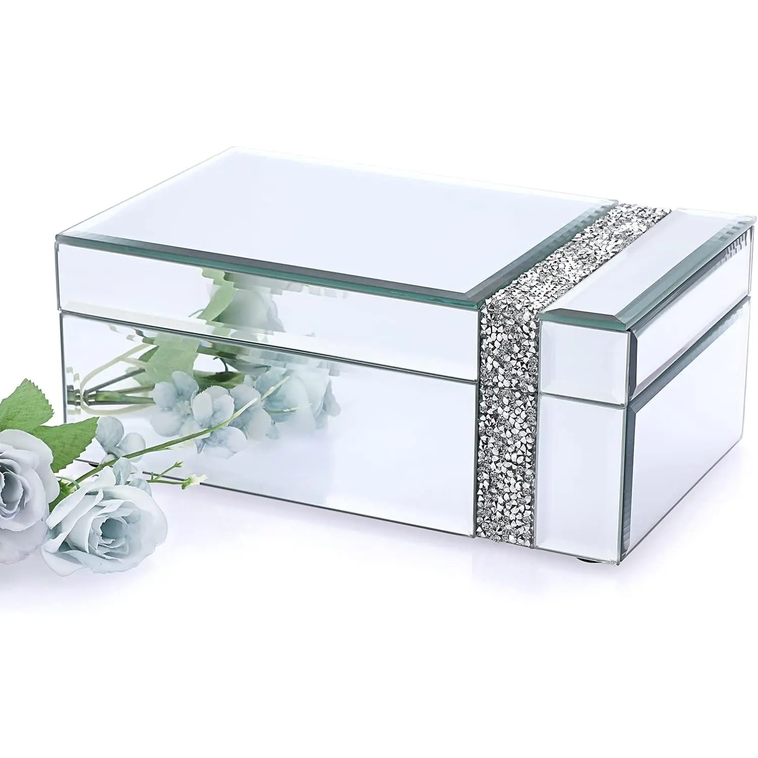 Glass Mirrored Jewelry Box with Crushed Diamonds Strip Decor, Luxury Trinket Box Organizer Decorative box Treasure Chest Keepsake Box for Women Girls Gift
