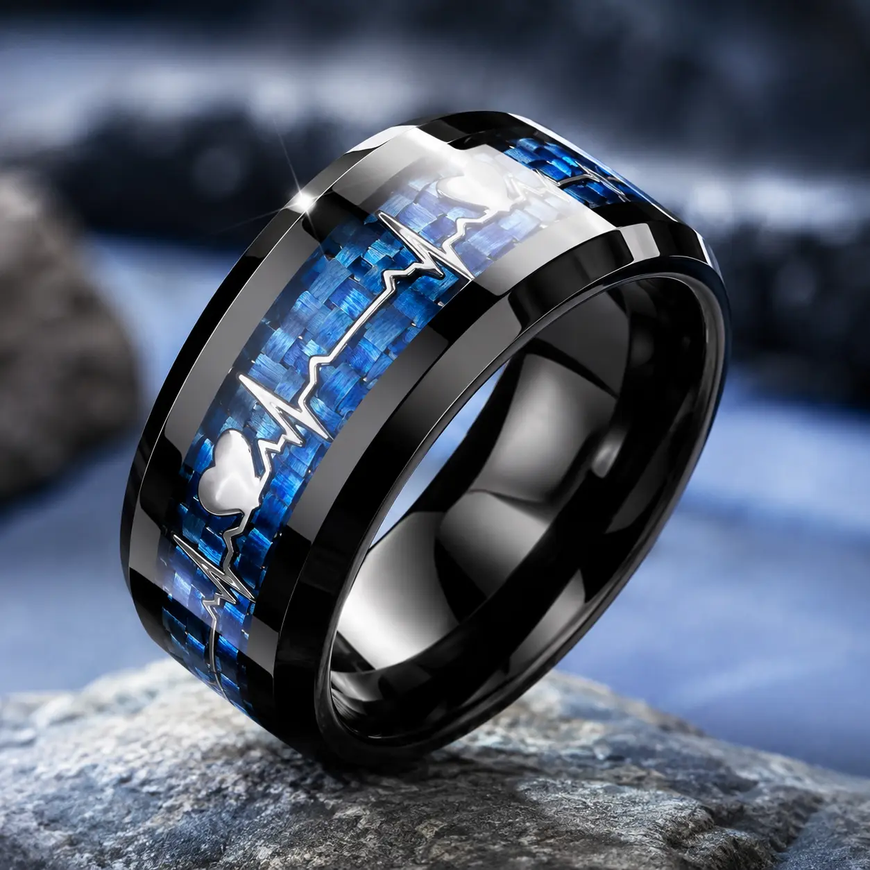 Unisex Hypoallergenic Black Stainless Steel ECG Ring - ECG Line Art Heartbeat Motif, Blue Carbon Fiber Inlay, Polished Round Band, Tungsten-Style, Durable Casual Wear Gift for Anniversary, Birthday