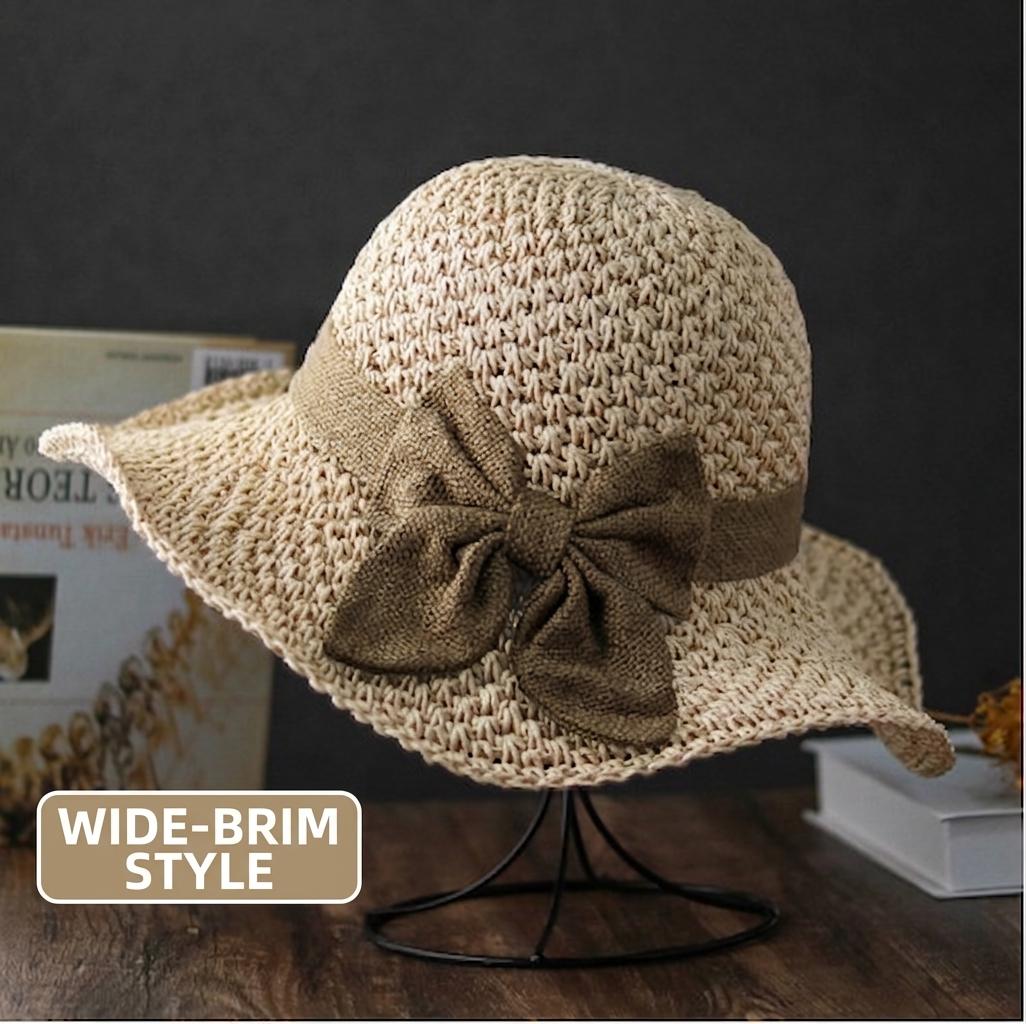 Women Retro Straw Beach  – Foldable Wide Brim Sun  with Bow, Breathable Woven Summer  for Travel, Vacation and Outdoor hat