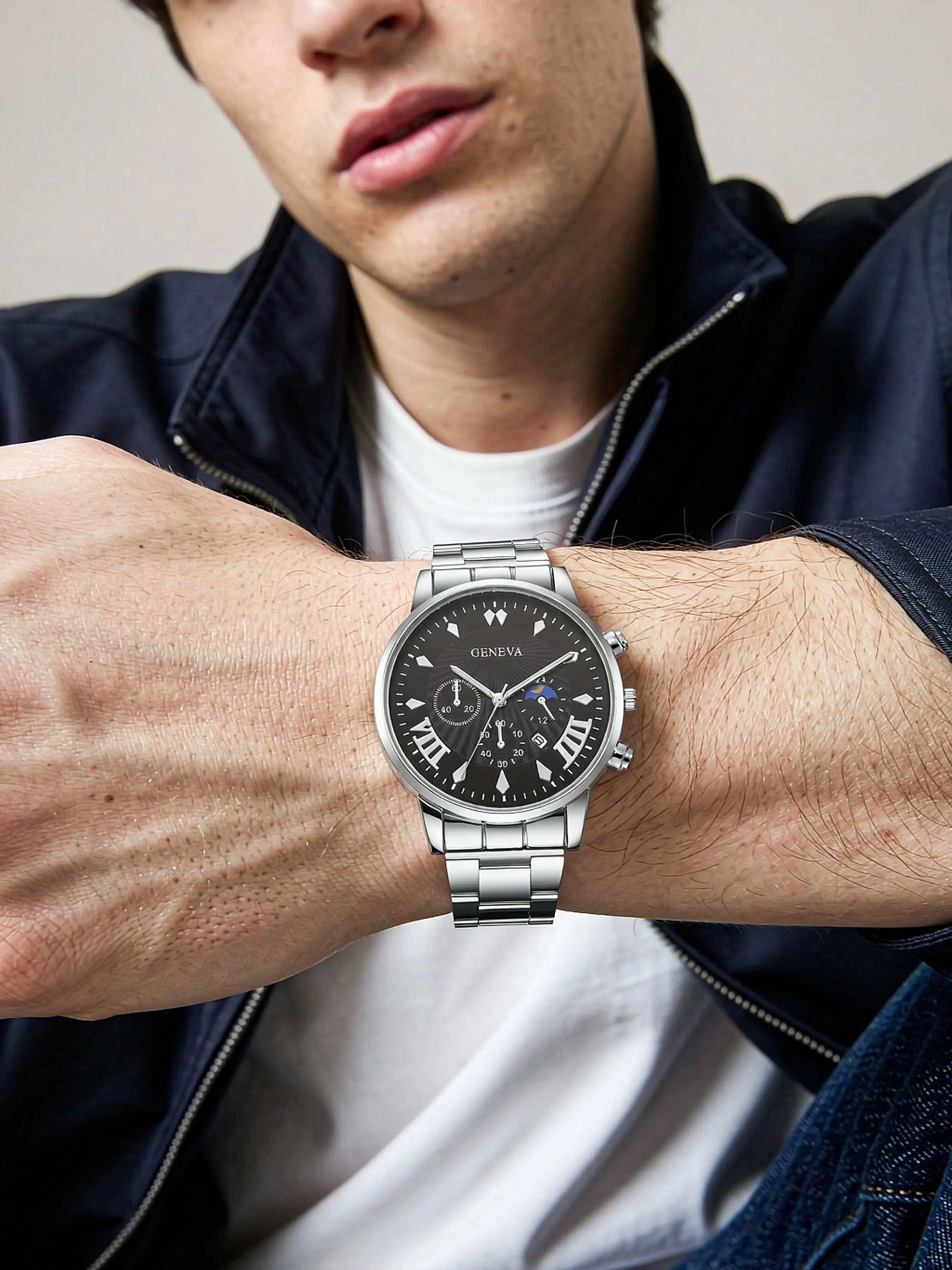 Business Style Calendar Steel Band Watch for Men, Large Dial Quartz Watch, Casual Analog Watch, Alloy Case, All Seasons
