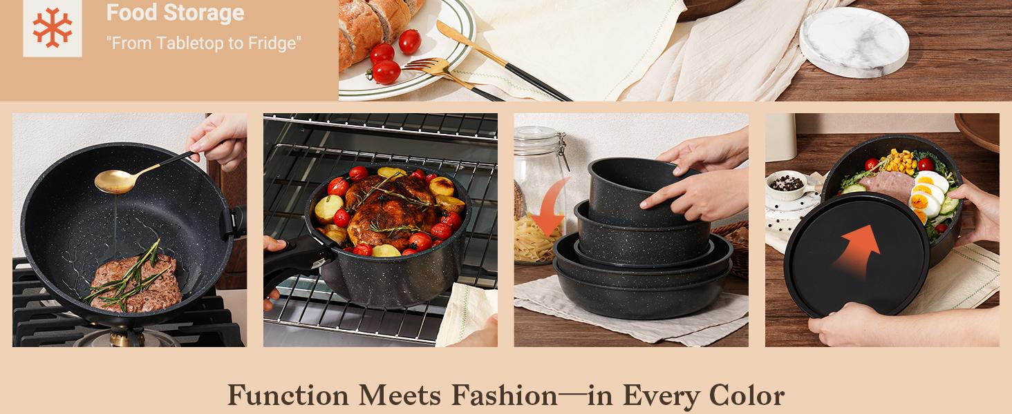 15Pcs Pots and Pans Set Non Stick, Cookware Sets with Detachable Handle, Nonstick RV Kitchen Cooking Tools Removable Handles, Oven Safe, Induction Fast, Stackable Induction Cookware,Black