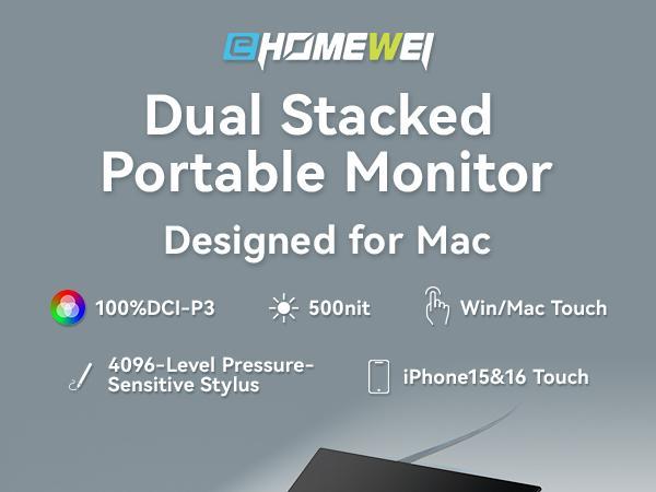 Ehomewei extra Dual Stacked Monitor 16"*2 Laptop Expansion Screens 2560 * 1600 * 2 60Hz 100DCI-P3 HDR for Windows MacOS X2 Pro