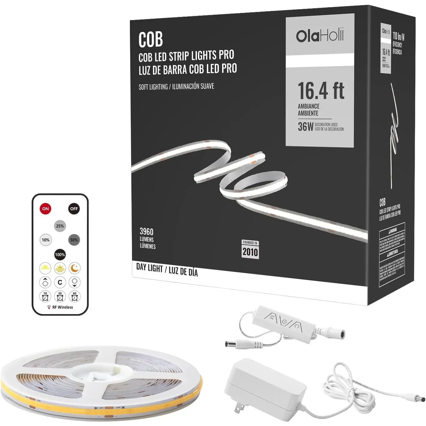 16.4ft COB Dimmable Led Strip Light with Remote 6500K Ra93+ Bright Daylight White Continuous Led Strip for Mirror Stair Cabinet Room