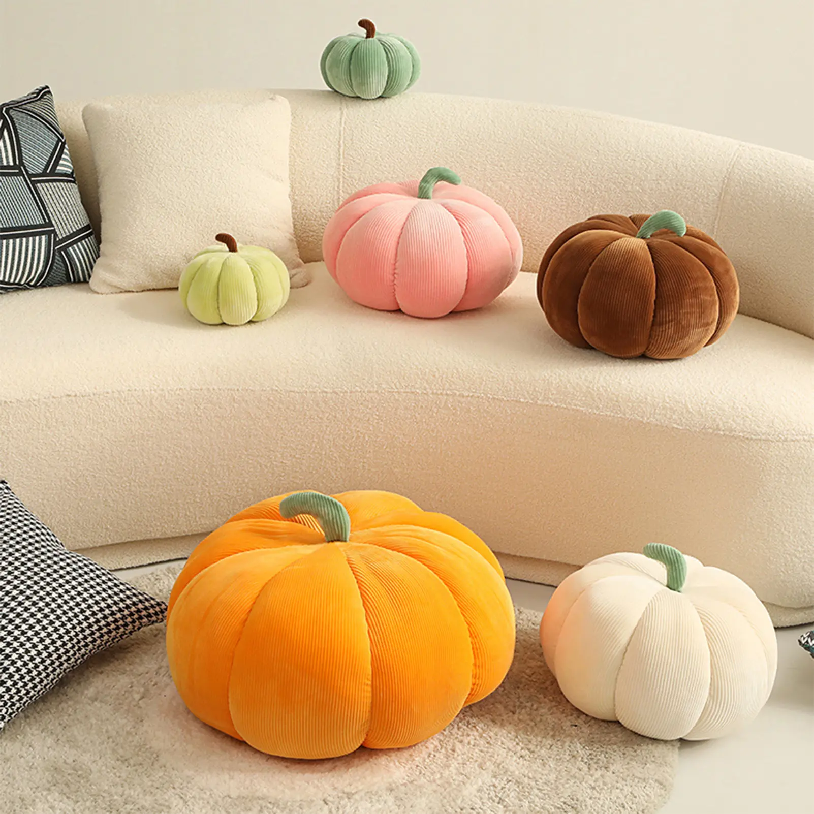 20cm/7.87in 3D Pumpkin Pillow Pumpkin Shaped Floor Pillow Teddy Fleece Plush Halloween Pumpkin Throw Pillow Cushion for Home Decor Couch Party Gifts