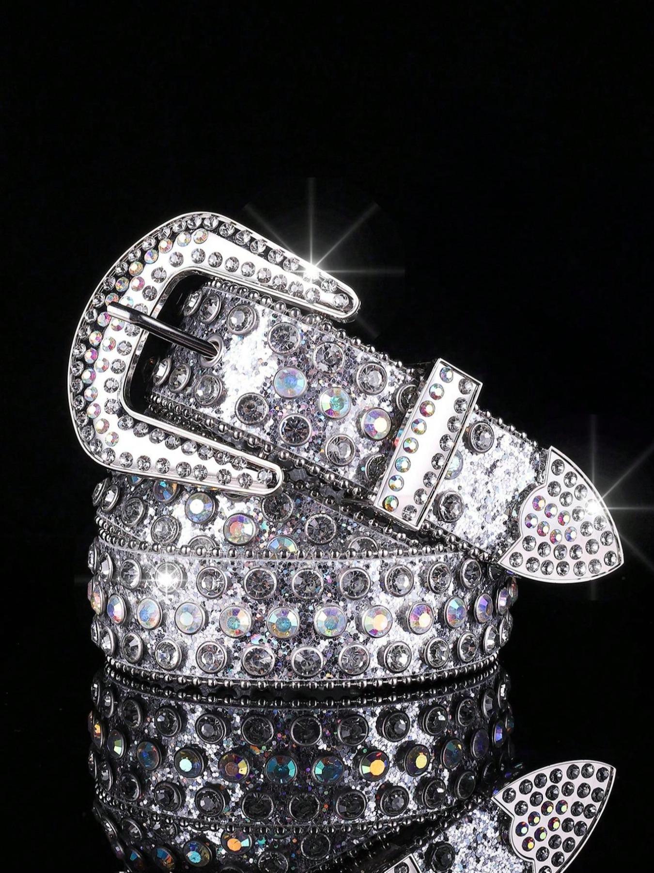 1 Piece Rhinestone Western Buckle Belt, Fashion Holographic Belt, Glitter Punk Waistband for Party, Daily Clothing Decoration, Bling Western Belt