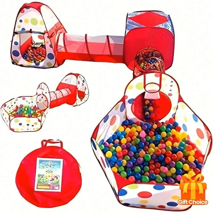 3In1 Kids Popup Play Tent with Tunnel Ball Pit Indoor Outdoor Foldable Playhouse for Toddlers 15 Years Promotes Motor Skills Physical Activity Red Blue Yellow Polka Dots