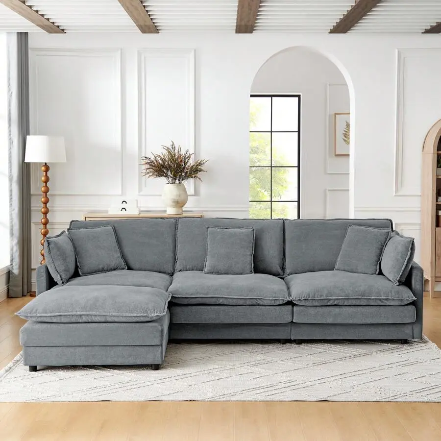 L-Shaped Sectional Sofa With Storage Ottoman, 4 Piece  Sofa Set With Plush Towel, Convertible Recliner Sofa Couch With Solid Wood Frame, Oversized 4-Seater Sofa Bed Living Room Furniture