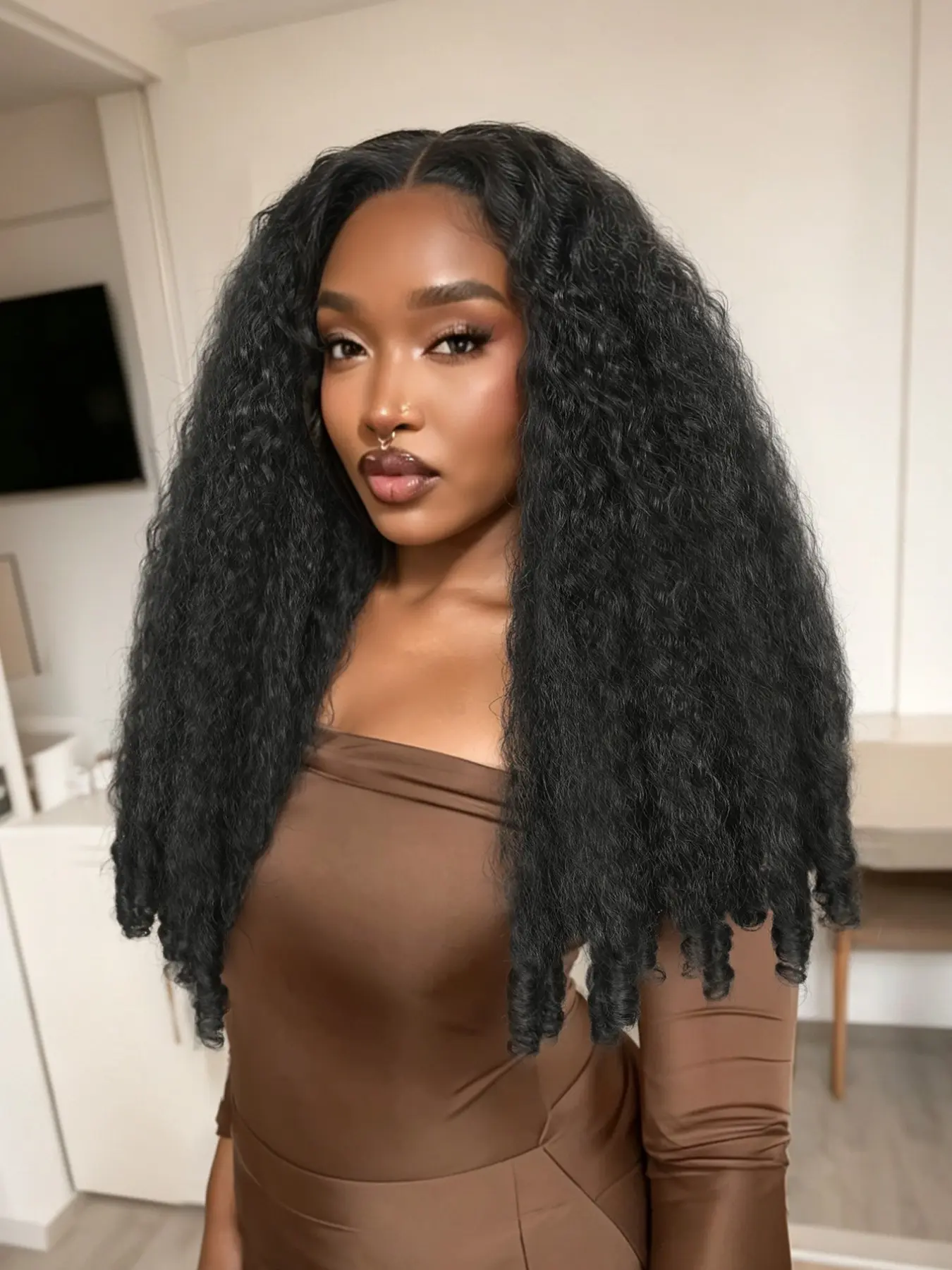 Afro Curly Wig V Part Wig Kinky Curly Wigs for Women, Curly Hair Wigs, Coily Textured Wigs, Synthetic half wig 180% Density Wear and Go Glueless Wig with Unique Bouncy Curls in the End (#1B Black wig, 24 Inch)