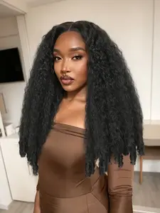 Afro Curly Wig V Part Wig Kinky Curly Wigs for Women, Curly Hair Wigs, Coily Textured Wigs, Synthetic half wig 180% Density Wear and Go Glueless Wig with Unique Bouncy Curls in the End (#1B Black wig, 24 Inch)