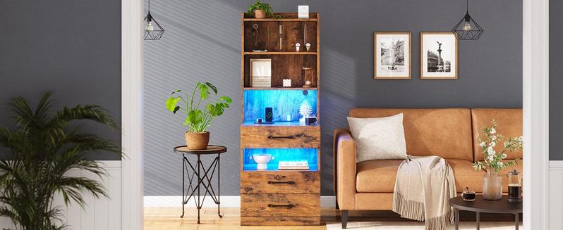 Sikaic LED Tall Nightstand with Bookshelf Brown Multifunctional Console Table Modern Corner Vanity Modern Furniture