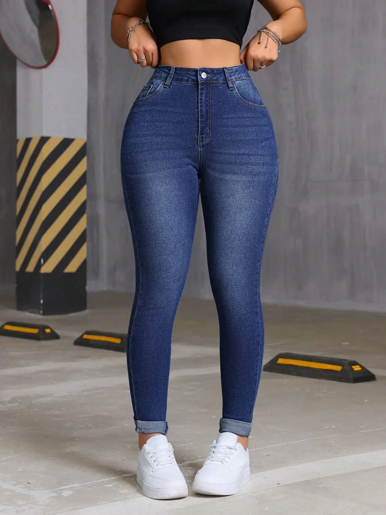 Cuffed Stretch Denim Skinny Jeans Casual Fashion Jeans Fall Halloween Back To School Birthday Mexican Style