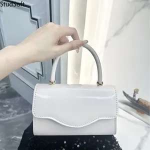 White Evening Clutch Bag Luxury Patent Leather Purse Wavy Flap Handbag Minimalist Glossy Rigid Top Handle Crossbody Shoulder Pouch for Wedding Party