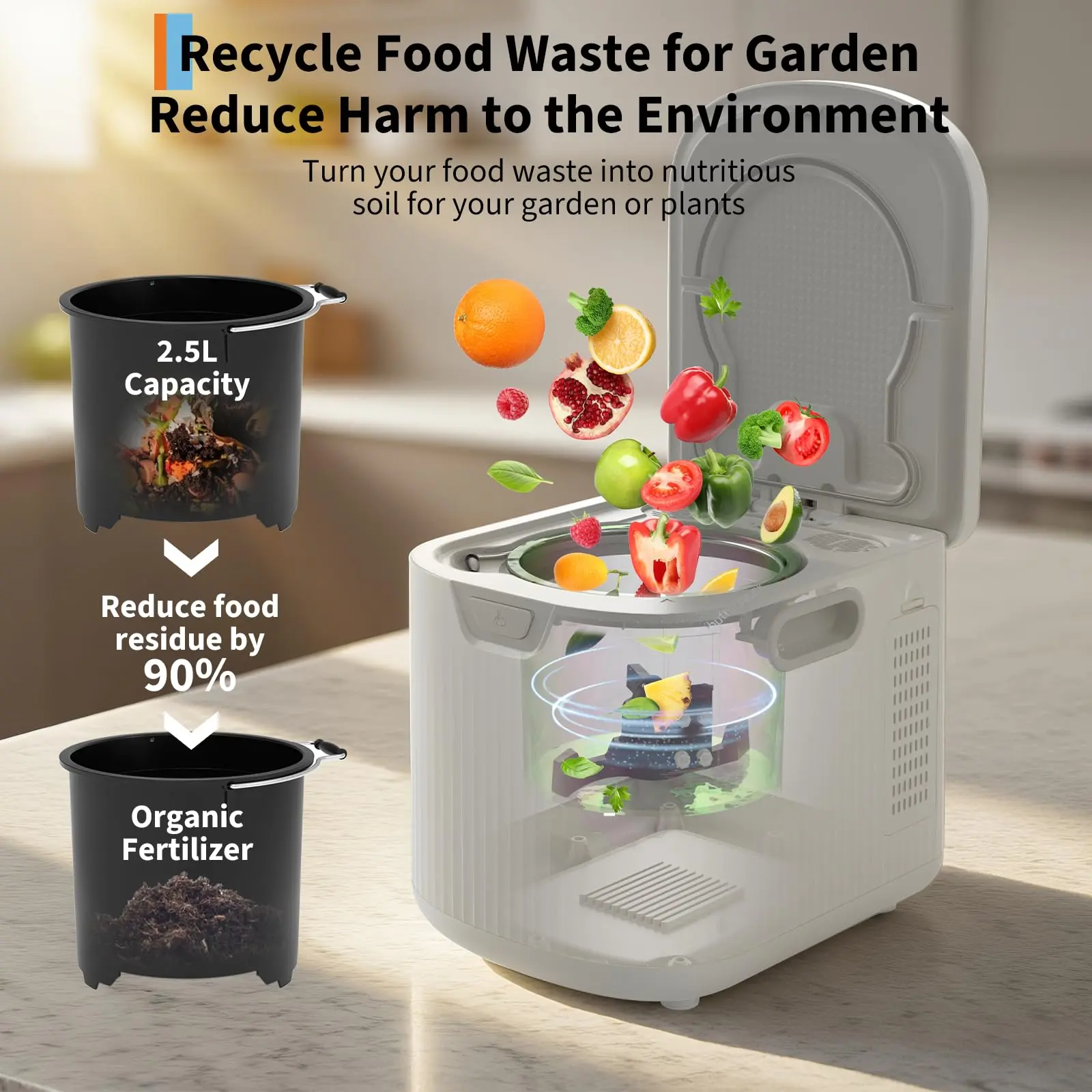Electric Kitchen Composter – 2.5L Smart Food Waste Compost Machine, Auto-Clean, LED Display, Odorless & Low Noise, Turns Scraps into Fertilizer – Indoor Home Use
