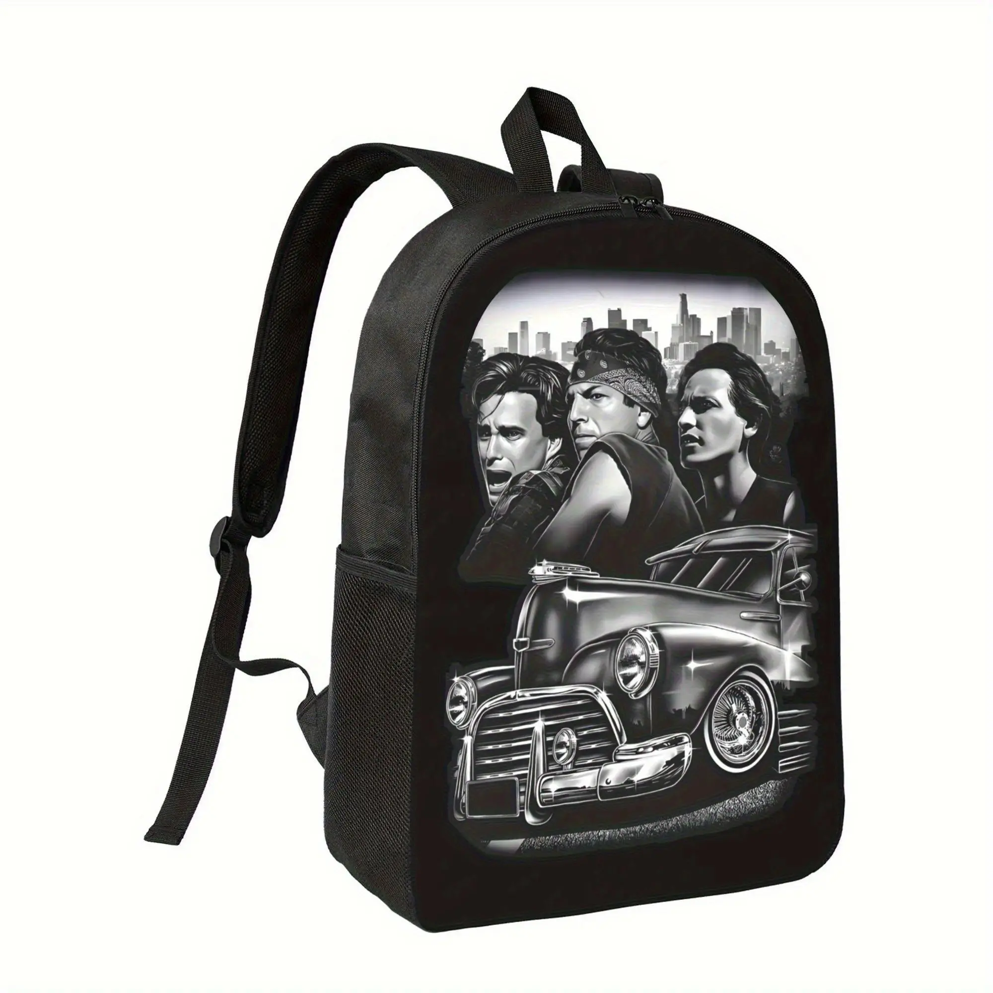 1pc "Blood in Blood Vatos Locos" Casual Youth Black Graphic Backpack - Vintage Print, Car Cityscape Design, Chain Accent, High-Capacity, Roomy 1pc Carry, Adjustable Shoulder Strap, Zip Closure, Durable Polyester Lining, Ideal for Campus Life & Travel