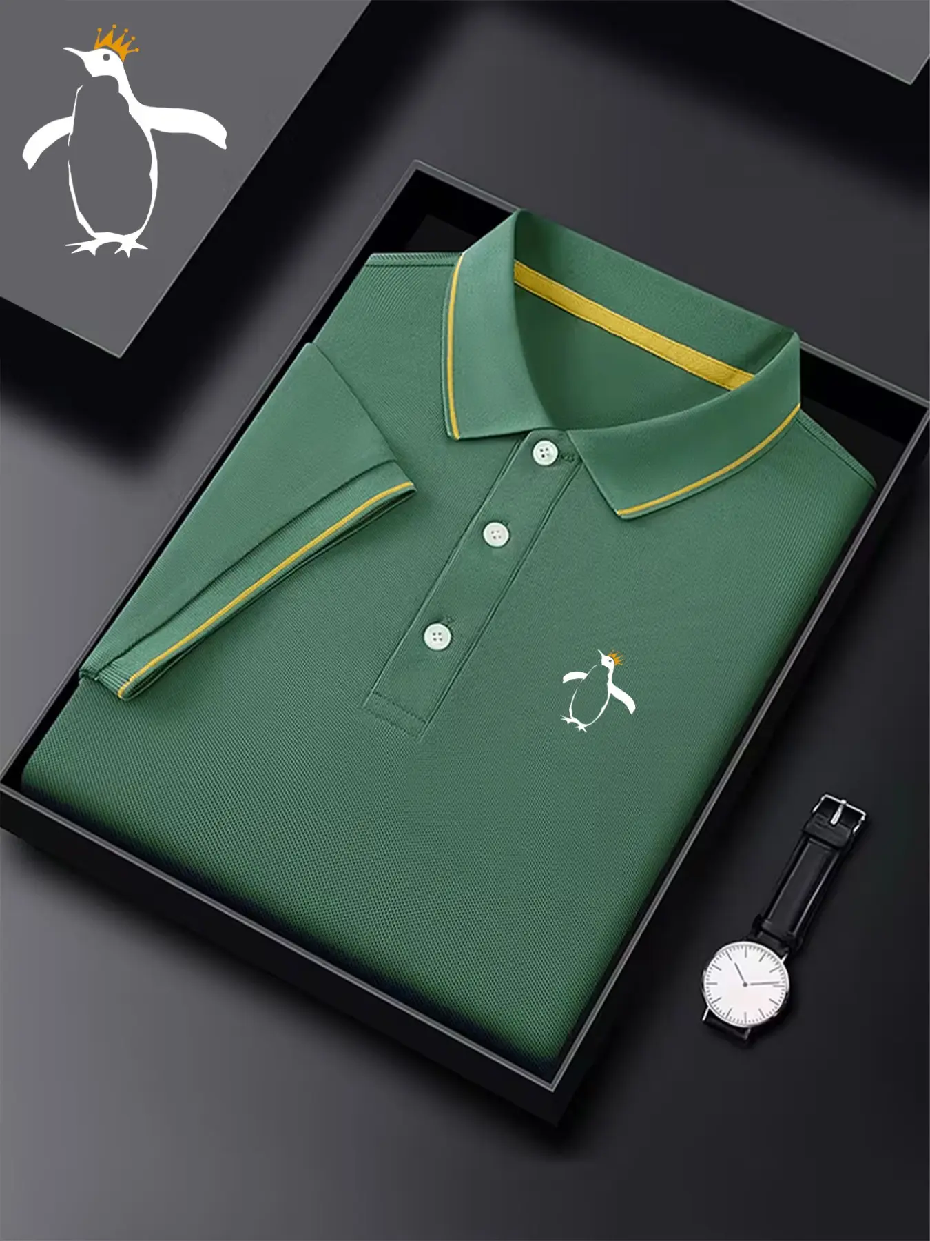 Men's Penguin Print Polo Shirt, Fitted Casual Geometric Pattern, Breathable Stretch Fabric, All-Season Comfortable Wear