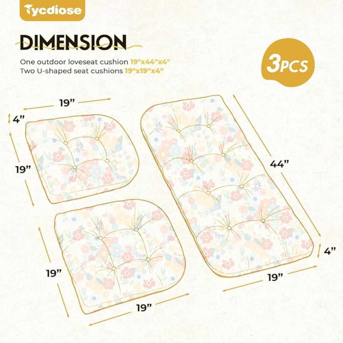 All Weather 3 Pieces Wicker Furniture Chair Cushions, Waterproof Outdoor Wicker Chair Cushion for Patio Furniture Loveseat Settee Bench, 1 Loveseat and 2 U-Shaped Thickened Cushions, Daisy