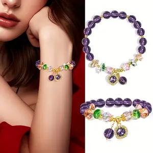 /Anxiety- Purple Bracelet with Cube Decorations - Fashion Jewelry in Purple And Golden Tones