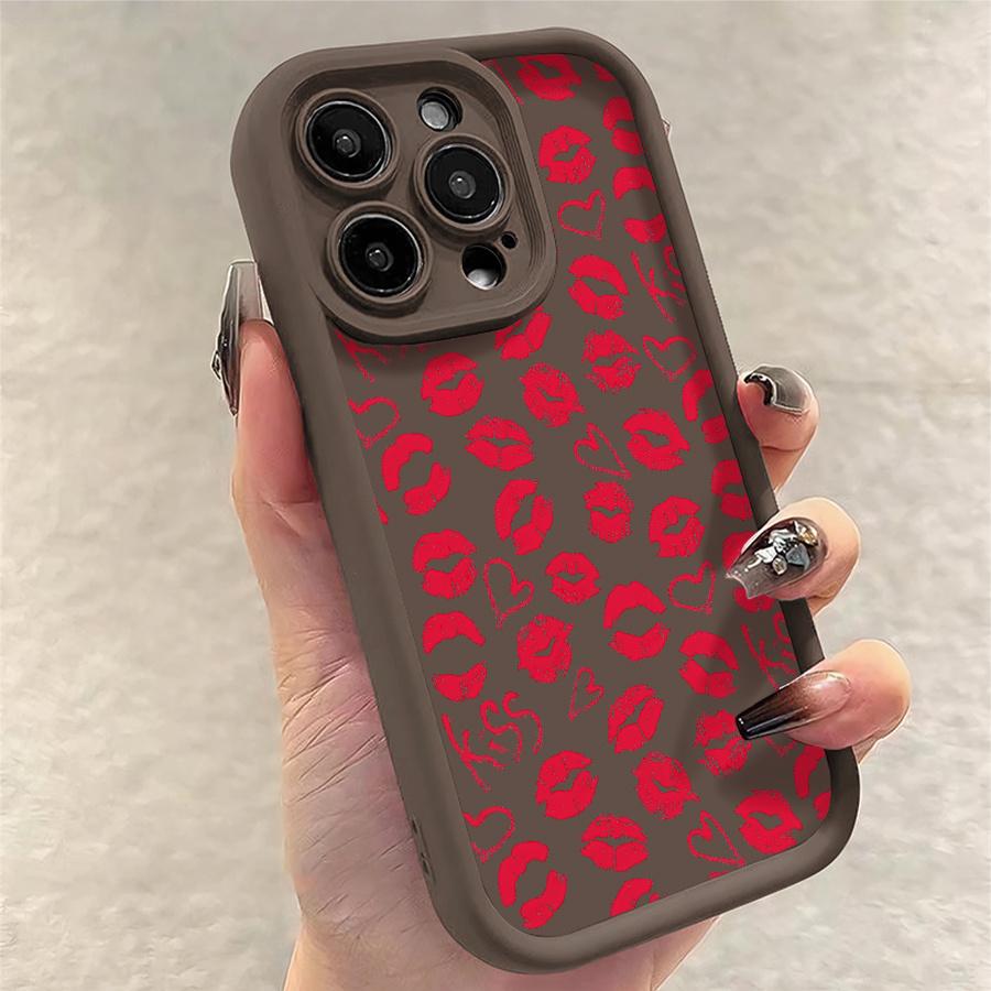 Phone Case: 1pc Red Lip Print Heart Kiss Phone Case Suitable for Apple iPhone 17 E Air Pro ProMax iPhone16 15 14 Plus 13 12 Mini 11 X XS XR Antidrop Shock Proof All Inclusive Lens Protection Girlish Style Cute Can