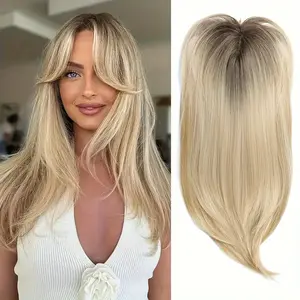Ombre Long Curly Hair Topper Curtain Bangs Volume Boost