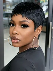 short straight layered pixie cut wig black color wig pixie cut wig human hair wig  for women daily party cosplay use human hair wig pixie wig