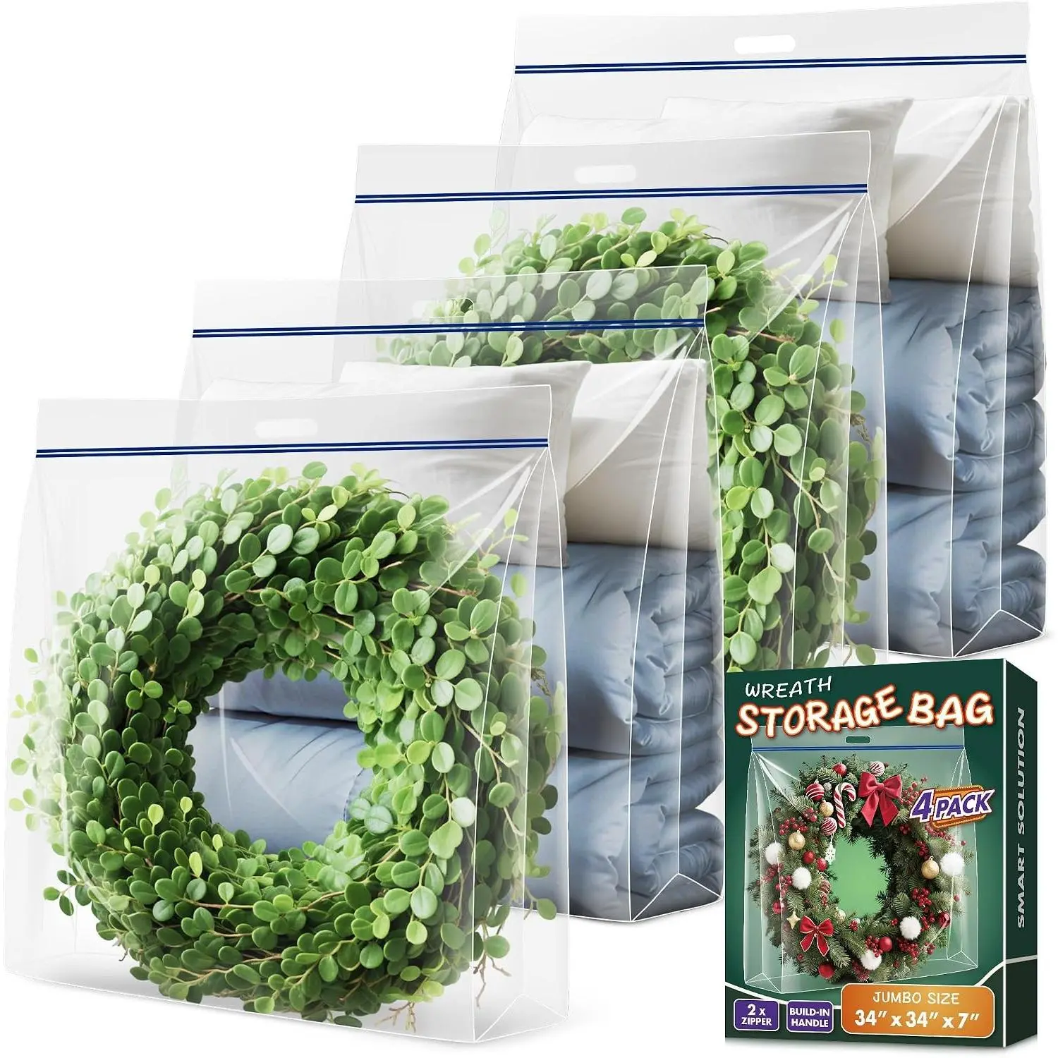4 Pack 34"x34"x7" Extra Large Clear Plastic Wreath Storage Bag with Handle