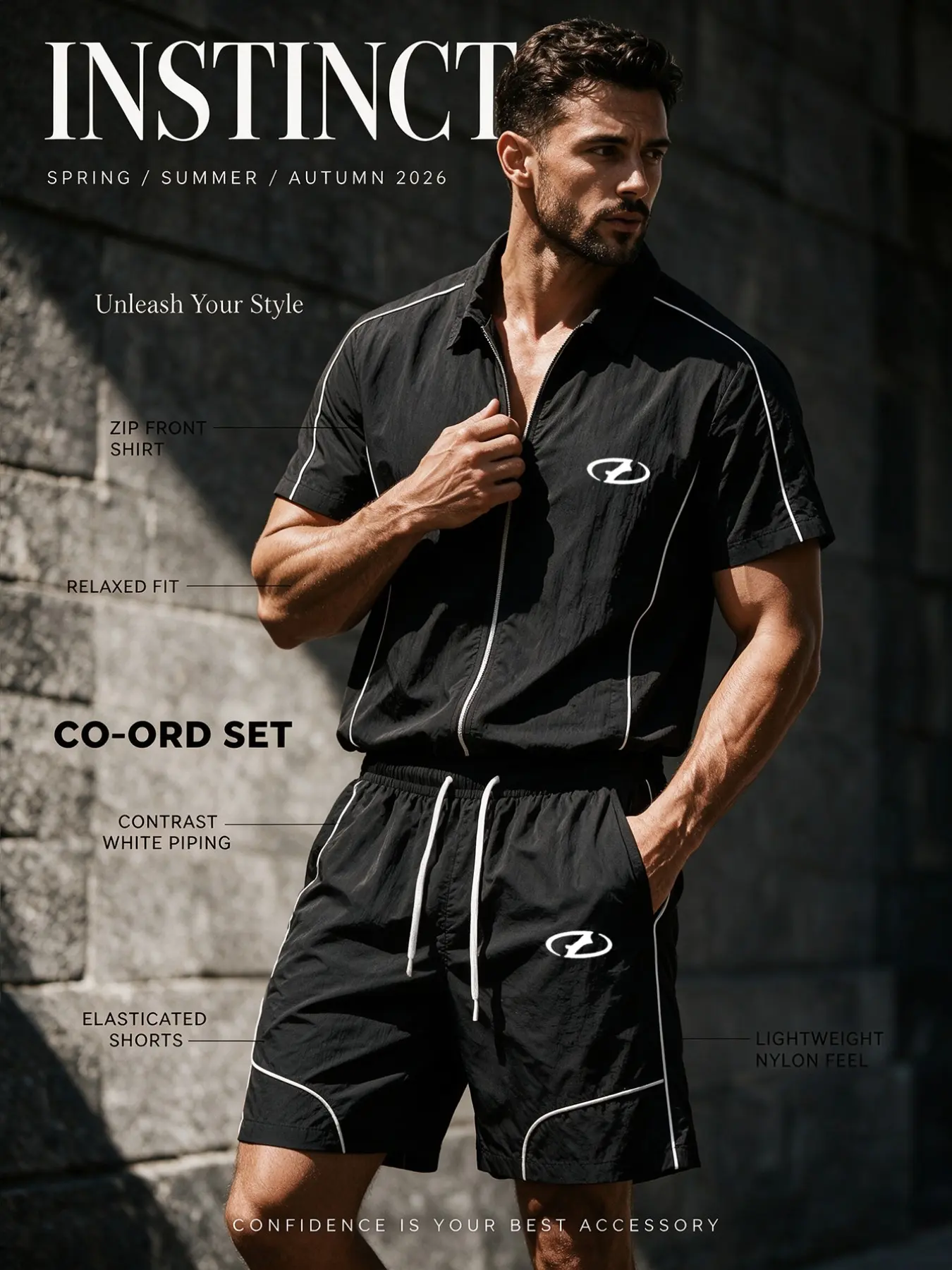 Men's Lightweight Windbreaker Two-Piece Set, 100% Nylon, Lapel Zip Short Sleeve Top, Loose Wide Leg Pants, Casual Sportswear, Fashion Summer Sportswear