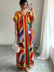 Women's Boho Style Long Dress, Bohemian Summer Dresses, V Neck Full Print Batwing Sleeves, Loose-Fitting Traditional Muslim Robe, Ideal for Casual, Vacation & Daily Wear