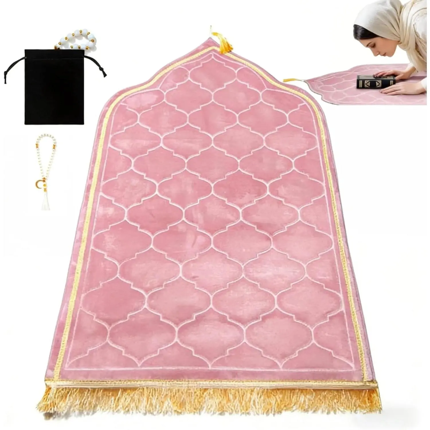 Muslim Prayer Rug - Soft Slow Recovery Foam Islamic Prayer Mat with Tasbih Beads - Thick Padded for Men, Women & Kids for Salah, Ramadan and Eid - 25.6" x 43.3", Pink